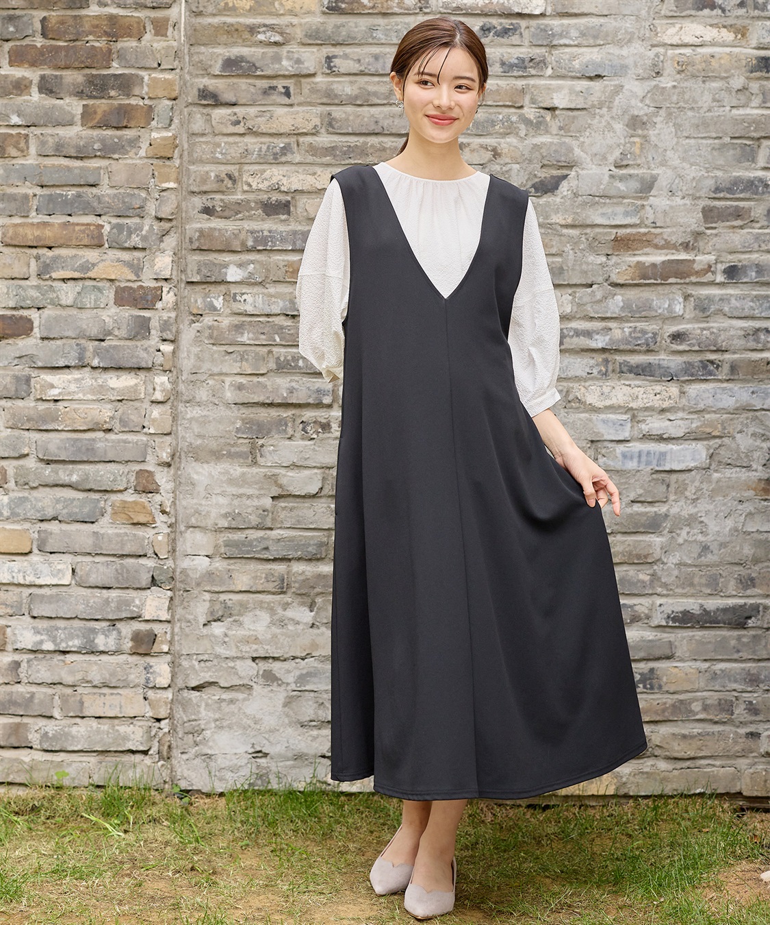 Rosemadame Vネックスムースワンピース/ジャンパースカート（マタニティ/授乳服）授乳楽々 妊婦服 産前・産後対応_sub_1