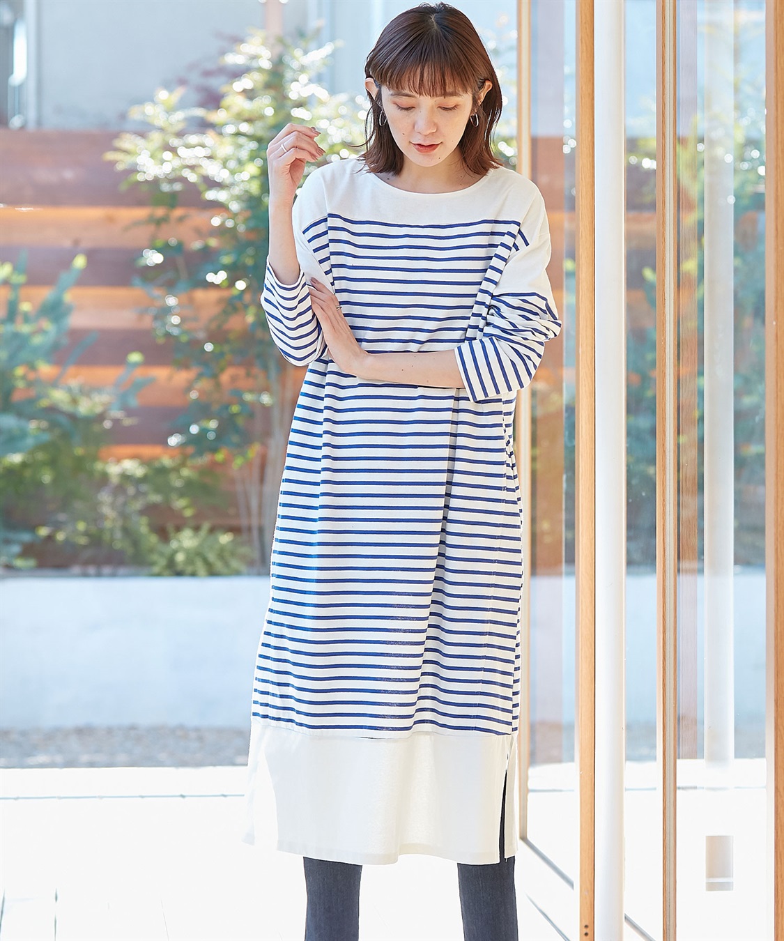 Rosemadame コットン100％ パネルボーダー/無地 長袖ワンピース（マタニティ/授乳服）授乳楽々 妊婦服 産前・産後対応_sub_7
