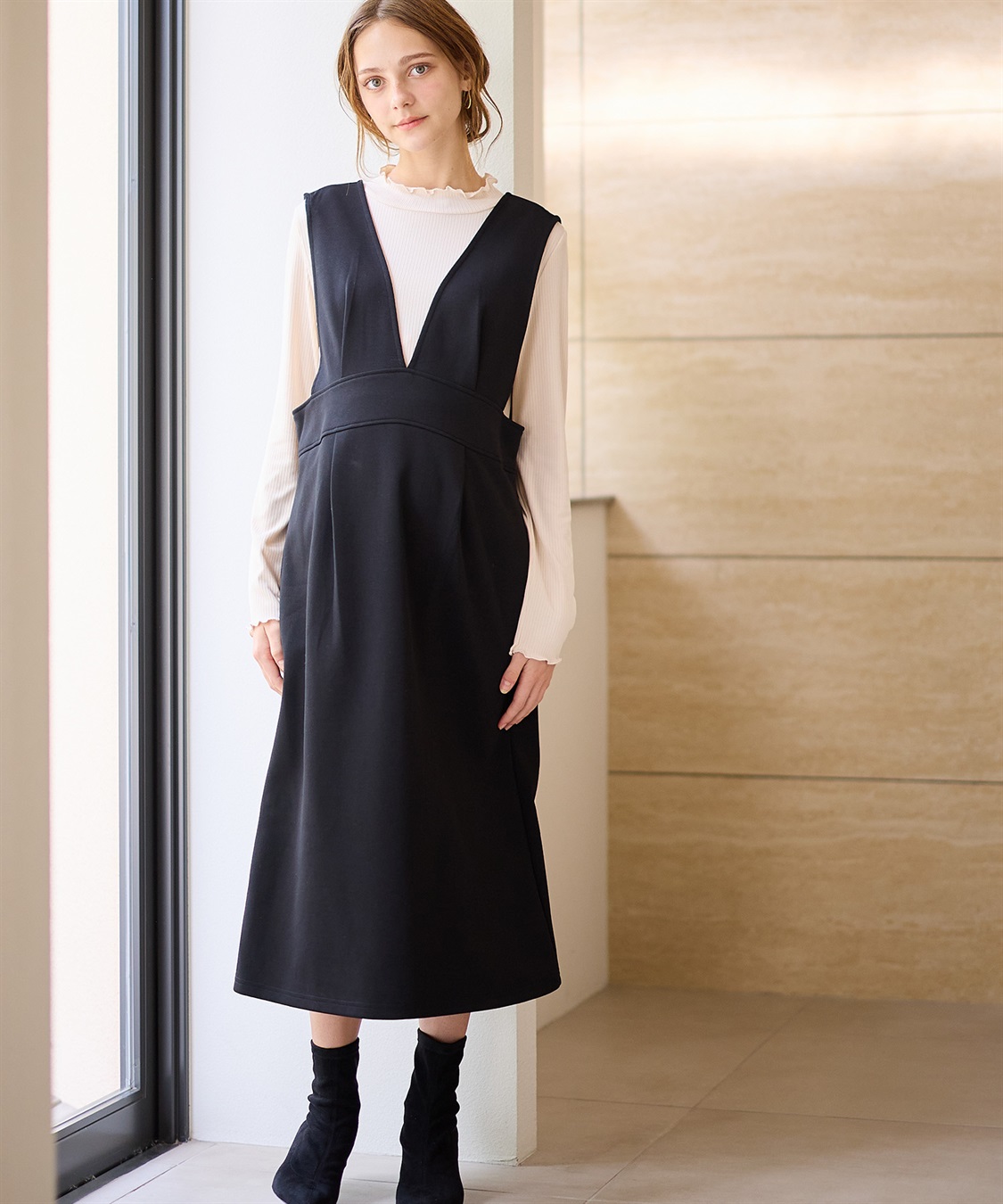 Rosemadame 【セットアイテム】Vネックダンボールワンピース×メロウフリルプチハイネックカットソー ジャンパースカートドレス アンサンブル(マタニティ/授乳服）授乳口付き 授乳楽々 妊婦服 産前・産後対応_sub_3