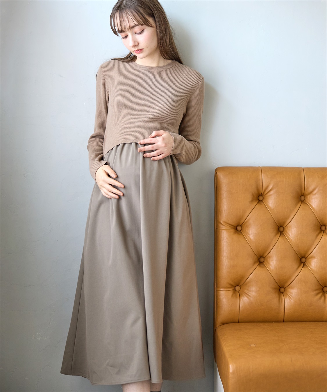 Rosemadame リブニットトップス×ツイルフレアスカート ドッキングワンピース（マタニティ/授乳服）授乳口付き 授乳楽々 妊婦服 産前・産後対応_sub_1