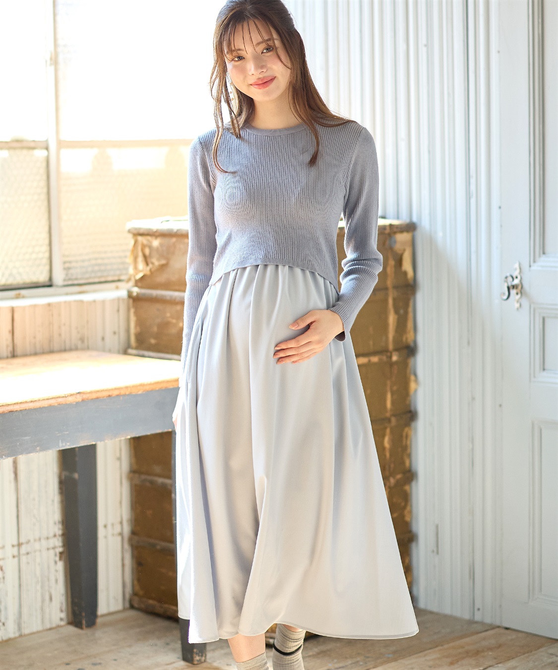 Rosemadame リブニットトップス×ツイルフレアスカート ドッキングワンピース（マタニティ/授乳服）授乳口付き 授乳楽々 妊婦服 産前・産後対応_sub_2