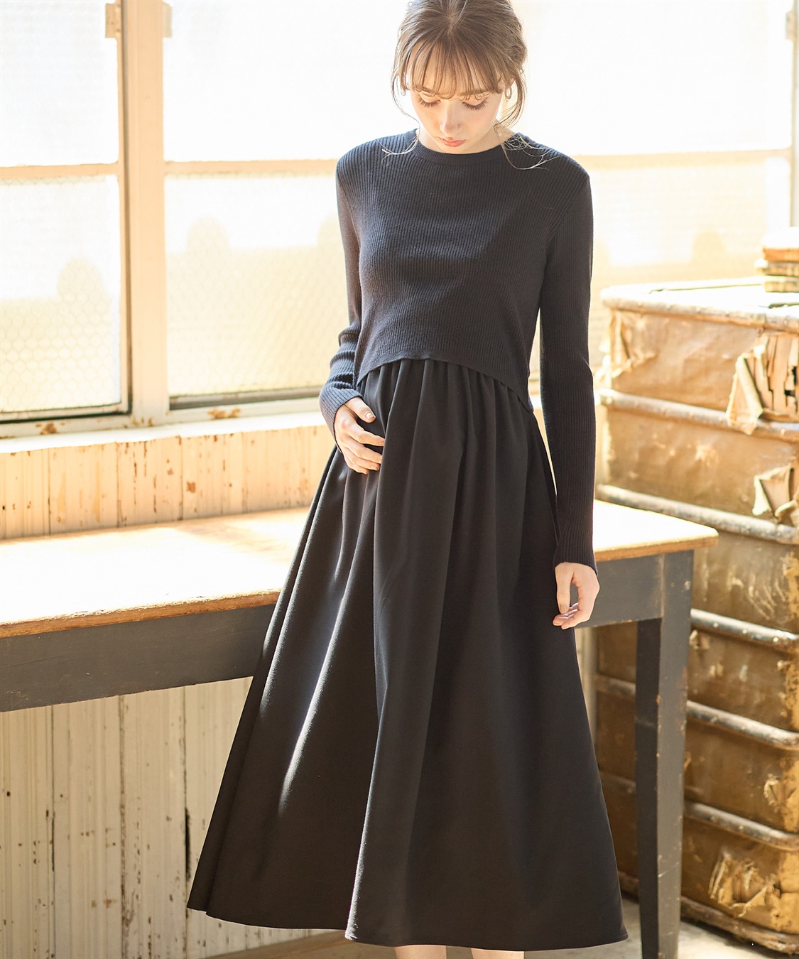 Rosemadame リブニットトップス×ツイルフレアスカート ドッキングワンピース（マタニティ/授乳服）授乳口付き 授乳楽々 妊婦服 産前・産後対応_sub_6