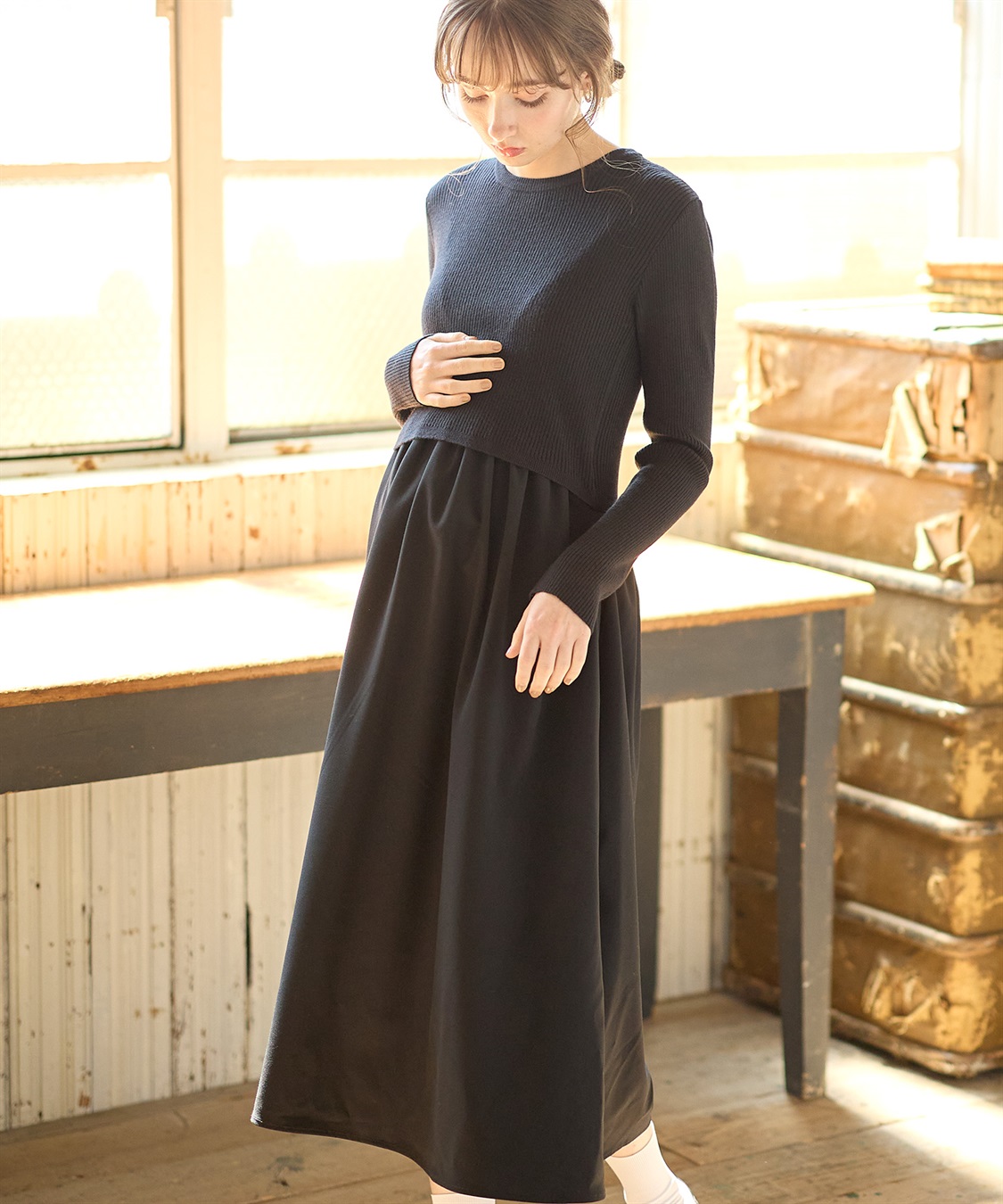 Rosemadame リブニットトップス×ツイルフレアスカート ドッキングワンピース（マタニティ/授乳服）授乳口付き 授乳楽々 妊婦服 産前・産後対応_sub_7