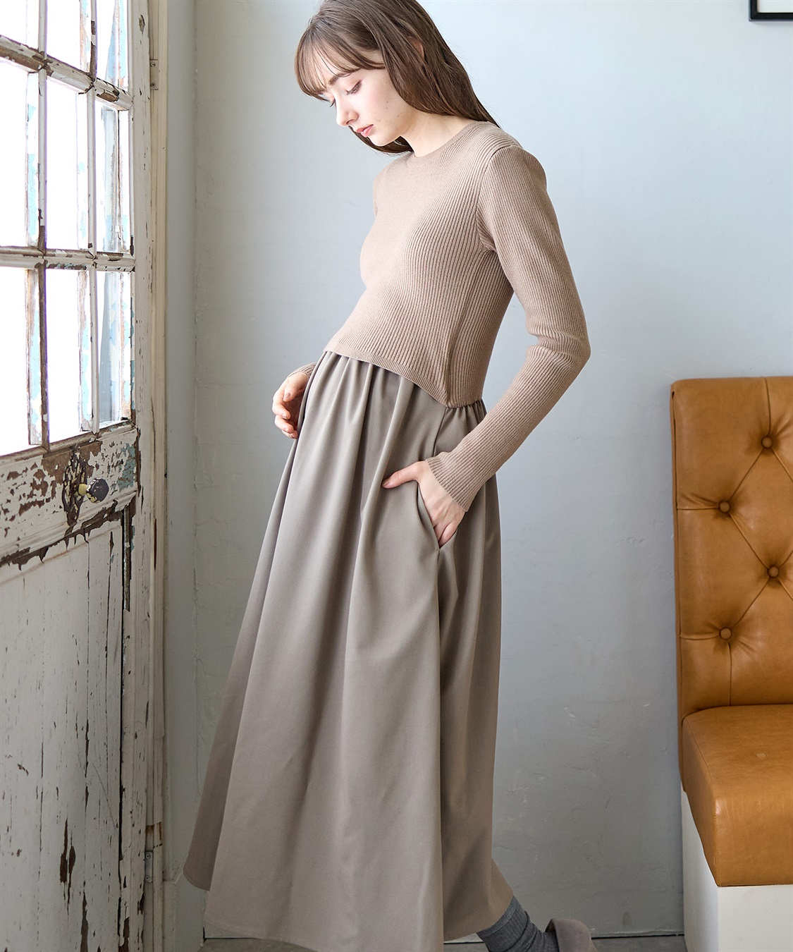 Rosemadame リブニットトップス×ツイルフレアスカート ドッキングワンピース（マタニティ/授乳服）授乳口付き 授乳楽々 妊婦服 産前・産後対応_sub_9