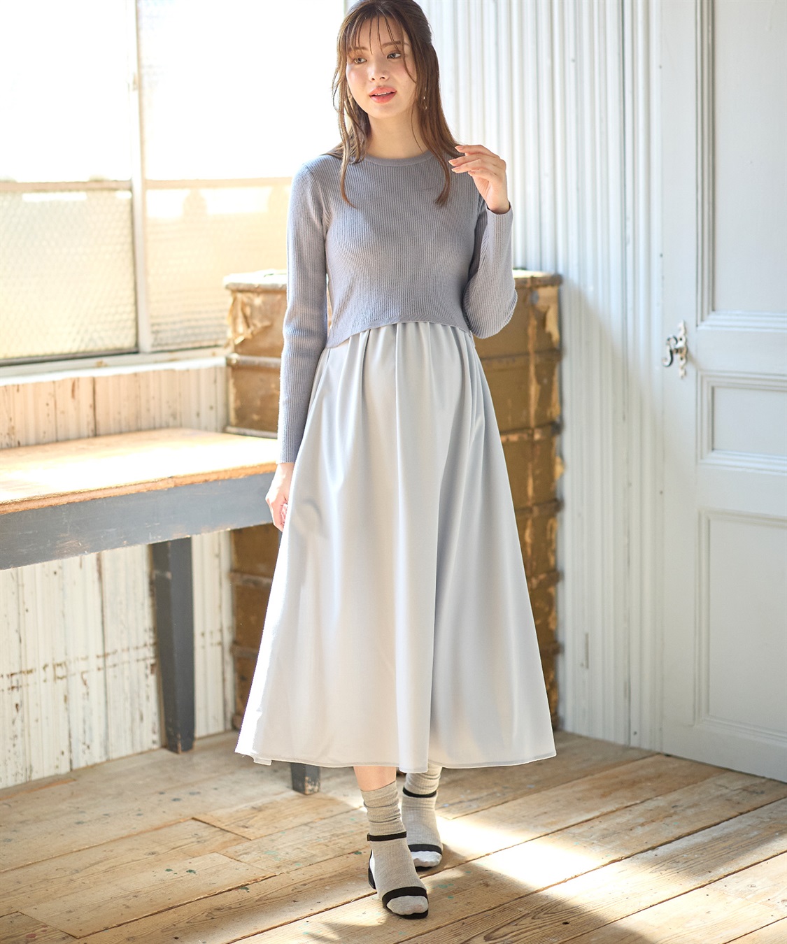 Rosemadame リブニットトップス×ツイルフレアスカート ドッキングワンピース（マタニティ/授乳服）授乳口付き 授乳楽々 妊婦服 産前・産後対応_sub_13