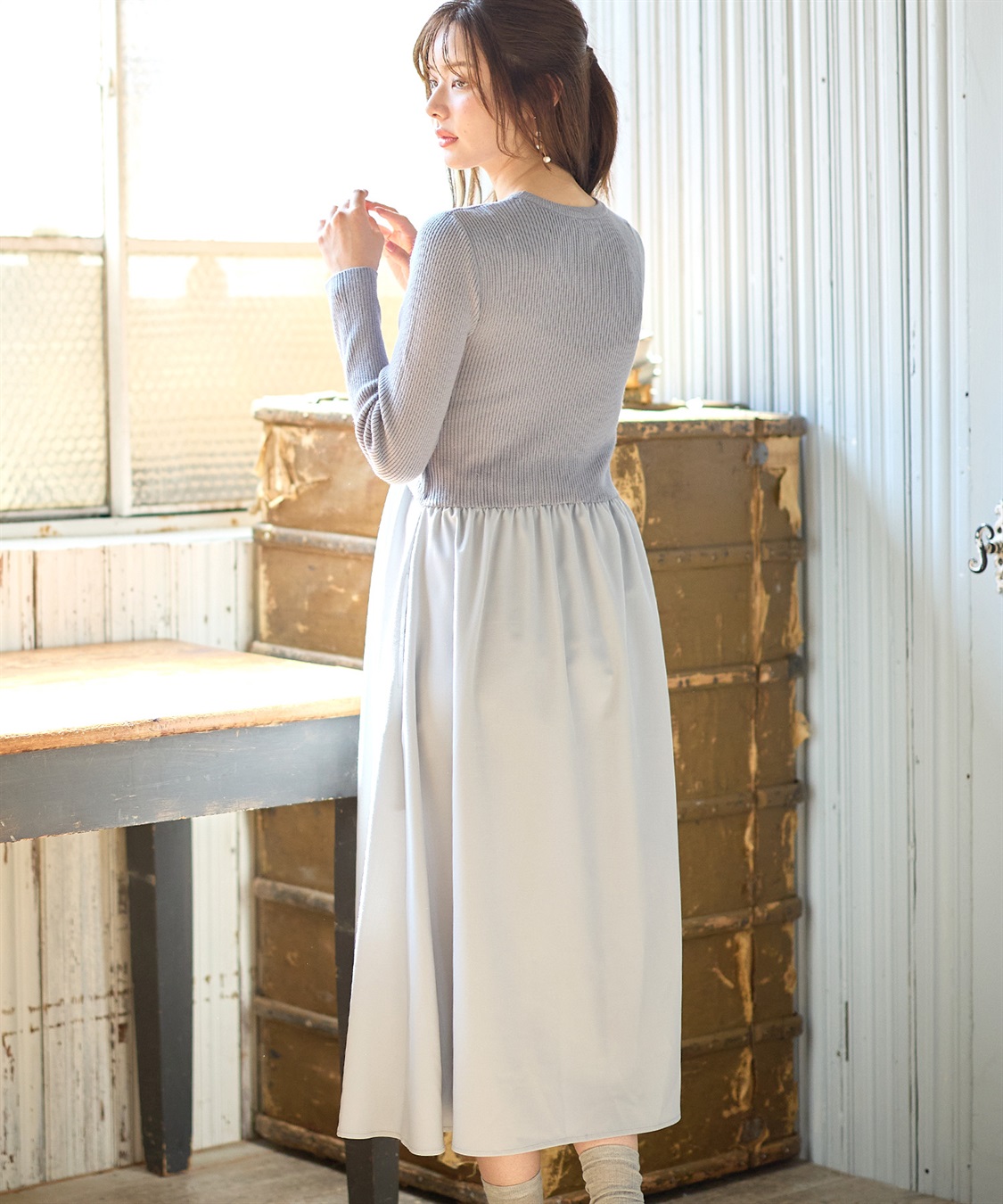 Rosemadame リブニットトップス×ツイルフレアスカート ドッキングワンピース（マタニティ/授乳服）授乳口付き 授乳楽々 妊婦服 産前・産後対応_sub_16