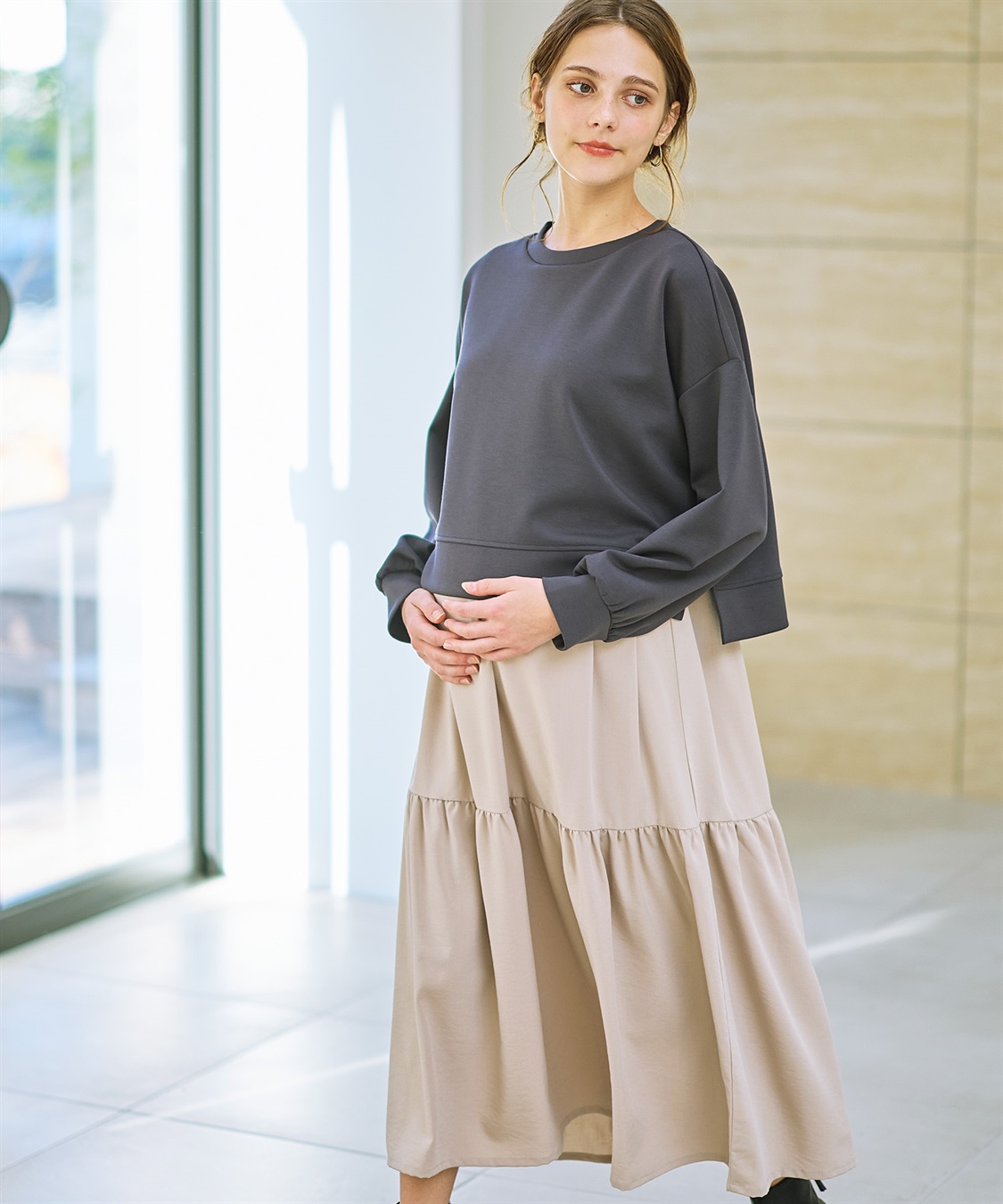 Rosemadame ダンボールプルオーバー×ティアードスカートドッキングワンピース(マタニティ&授乳服）授乳口付き 授乳楽々 妊婦服 産前・産後対応_sub_4