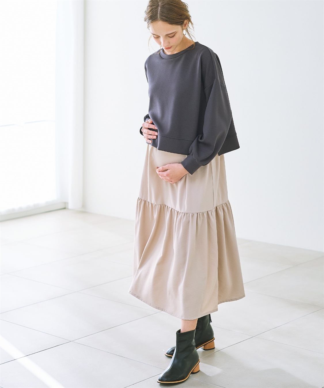Rosemadame ダンボールプルオーバー×ティアードスカートドッキングワンピース(マタニティ&授乳服）授乳口付き 授乳楽々 妊婦服 産前・産後対応_sub_7