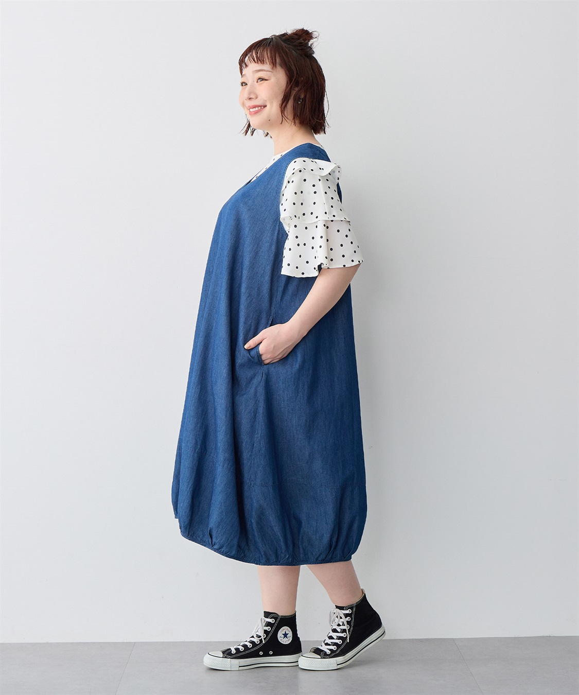 anyfee 【anyfee/プラスサイズ】Vネックデニムバルーンワンピース_sub_1