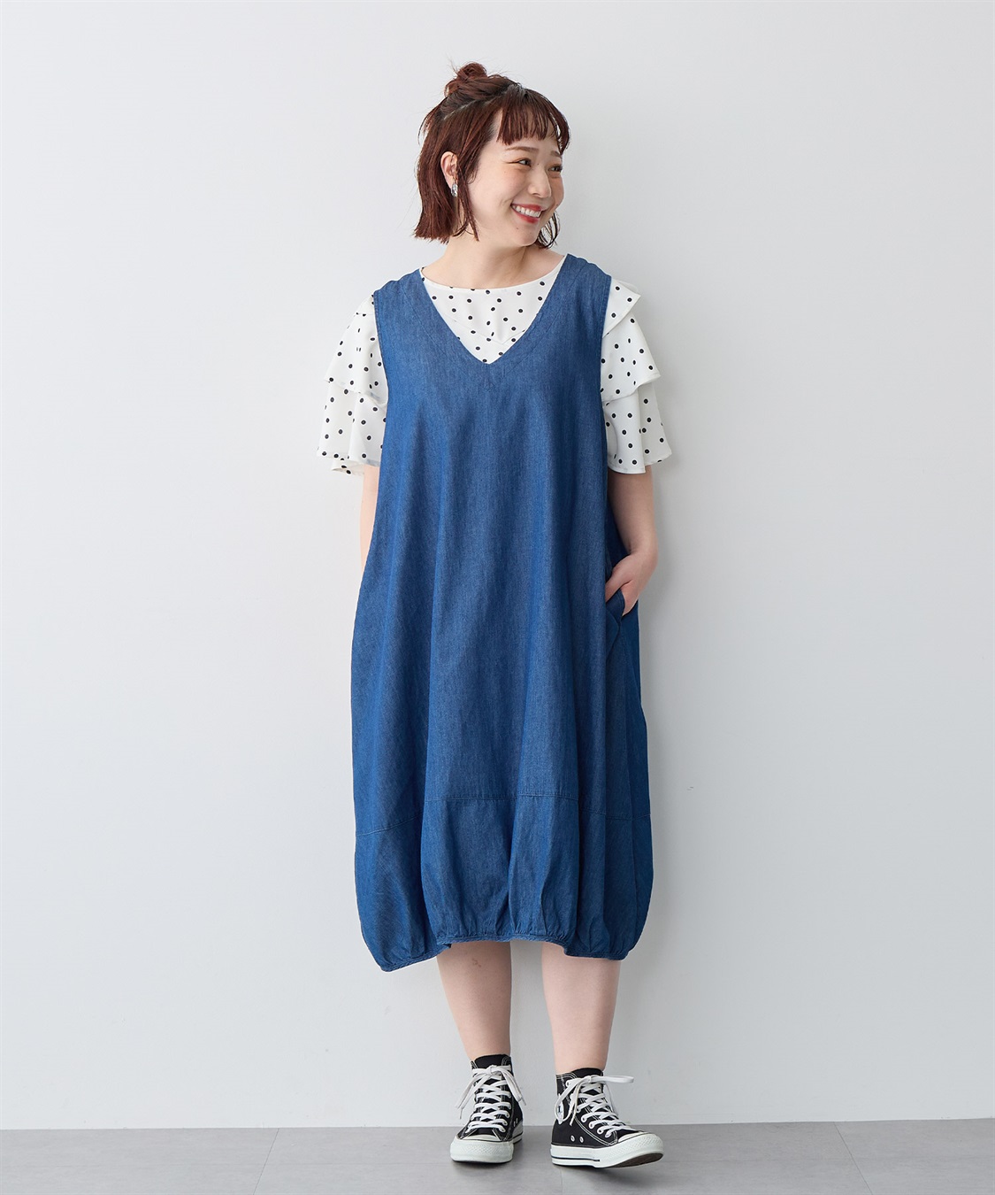 anyfee 【anyfee/プラスサイズ】Vネックデニムバルーンワンピース_sub_4