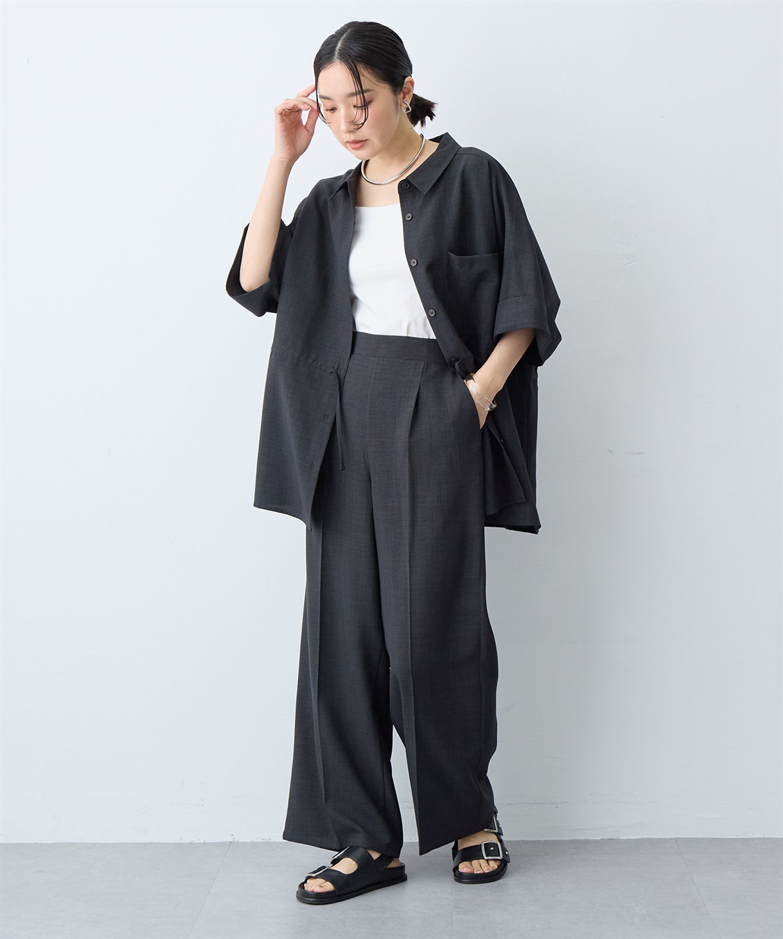 anyfee 【anyfee/大きいサイズ】リネン調ワイドパンツ《接触冷感 ・UVカット・イージーケア》 ◆新色追加・低身長サイズ有◆（セットアップ対応/上下別売り）_sub_8