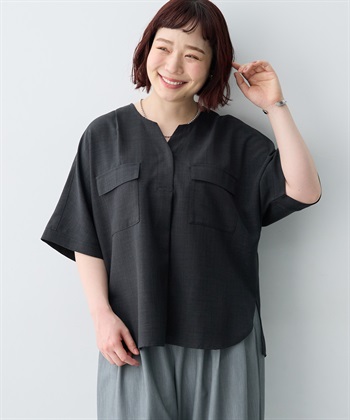 anyfee 【anyfee/大きいサイズ】リネン調キーネックサファリシャツブラウス◆新色追加◆《接触冷感 ・UVカット・イージーケア 》（セットアップ対応/上下別売り）_subthumb_3