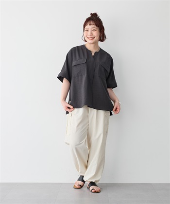 anyfee 【anyfee/大きいサイズ】リネン調キーネックサファリシャツブラウス◆新色追加◆《接触冷感 ・UVカット・イージーケア 》（セットアップ対応/上下別売り）_subthumb_21