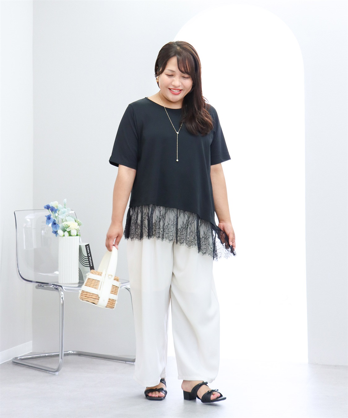 anyfee 【anyfee×HINAコラボ】アシンメトリー裾レースTシャツ《大きいサイズ》_sub_4