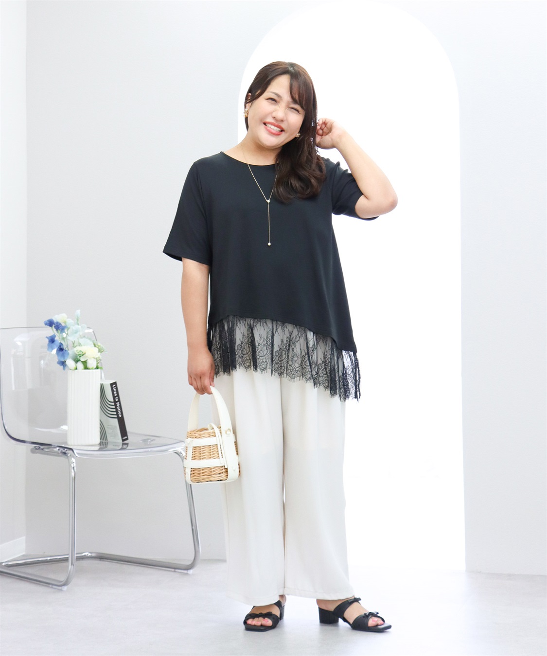anyfee 【anyfee×HINAコラボ】アシンメトリー裾レースTシャツ《大きいサイズ》_sub_6