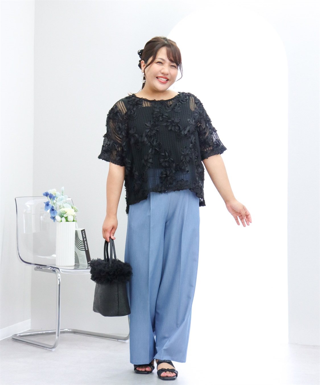 anyfee 【anyfee×HINAコラボ】フラワーレースメッシュ半袖トップス《大きいサイズ》_sub_1