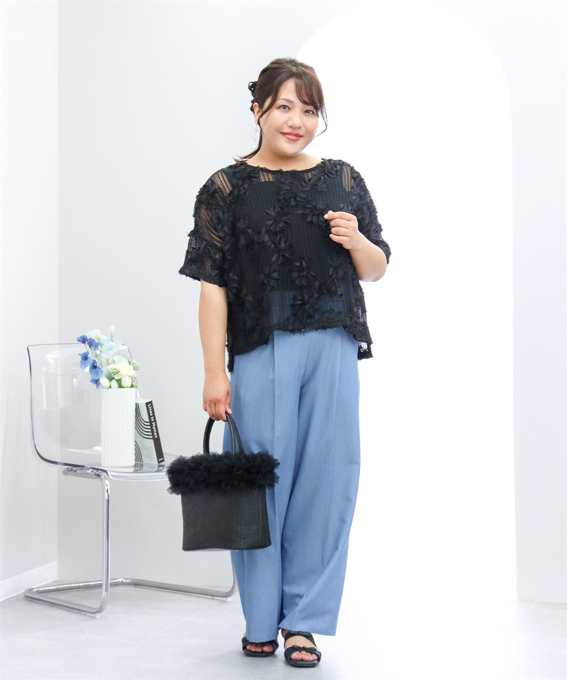 anyfee 【anyfee×HINAコラボ】フラワーレースメッシュ半袖トップス《大きいサイズ》_sub_2