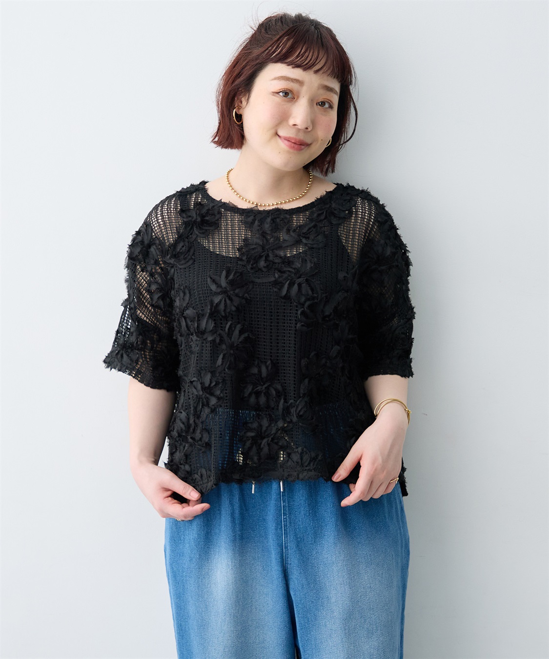 anyfee 【anyfee×HINAコラボ】フラワーレースメッシュ半袖トップス《大きいサイズ》_sub_17
