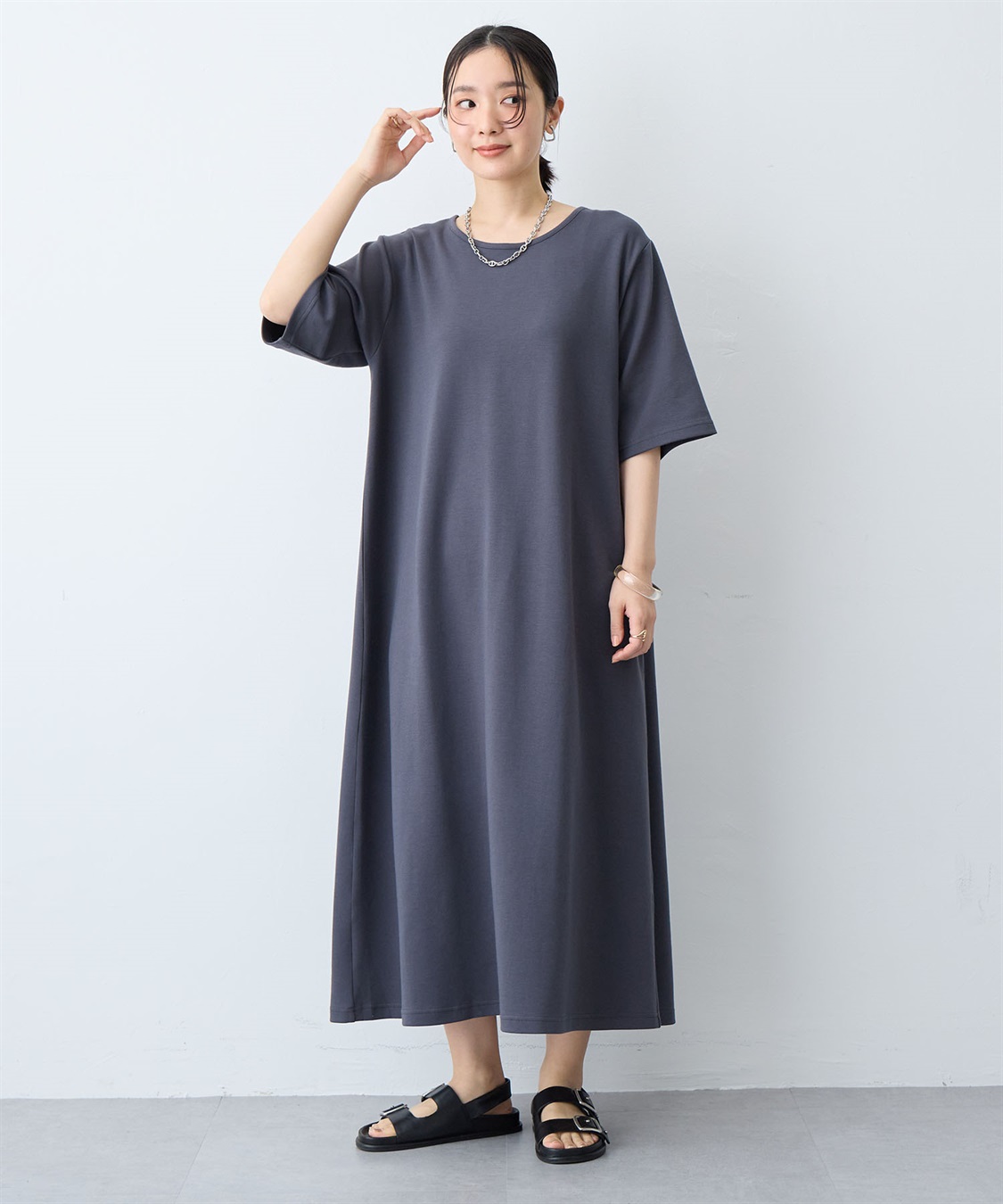 anyfee 【anyfee/大きいサイズ】着てサラなめらかポンチ素材Aラインワンピース/半袖Tシャツワンピース《接触冷感・吸水速乾・UV対策》_sub_5