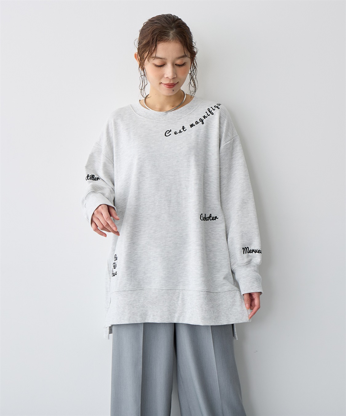 anyfee 【anyfee/プラスサイズ】ビッグシルエット裏毛刺繍プルオーバー_sub_1