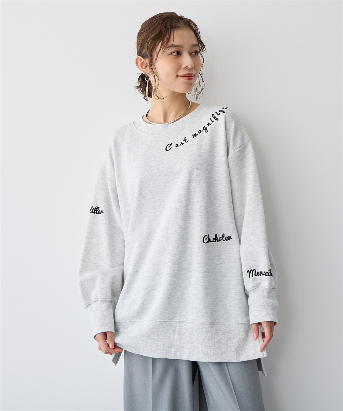 anyfee 【anyfee/プラスサイズ】ビッグシルエット裏毛刺繍プルオーバー_sub_2