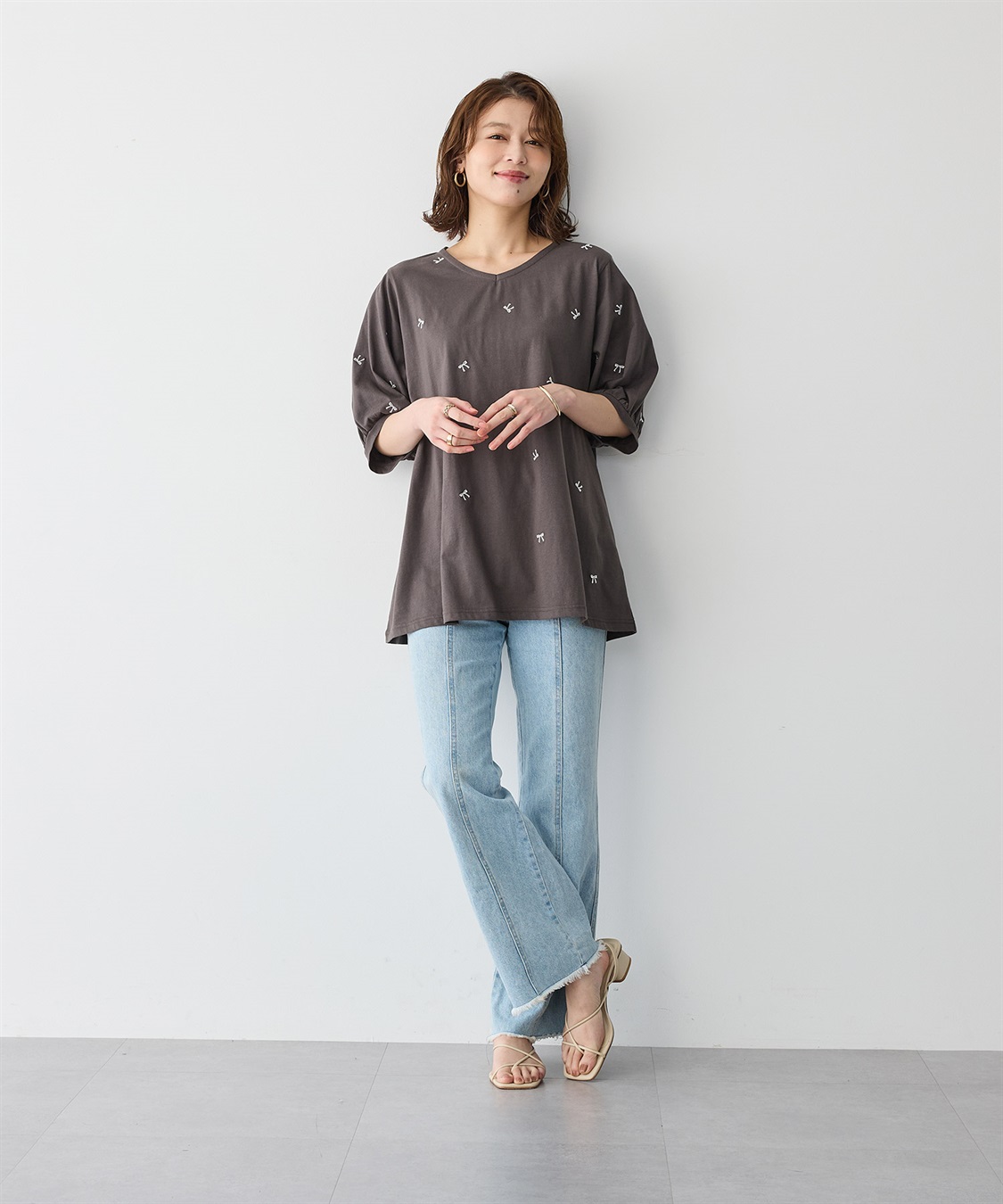 anyfee 【anyfee/プラスサイズ】リボン刺繍Tシャツ_sub_2