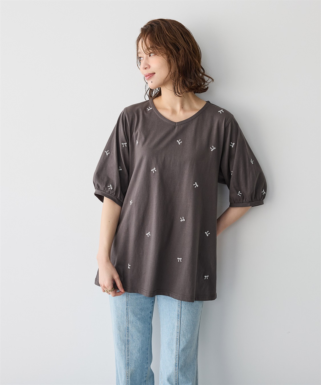 anyfee 【anyfee/プラスサイズ】リボン刺繍Tシャツ_sub_3