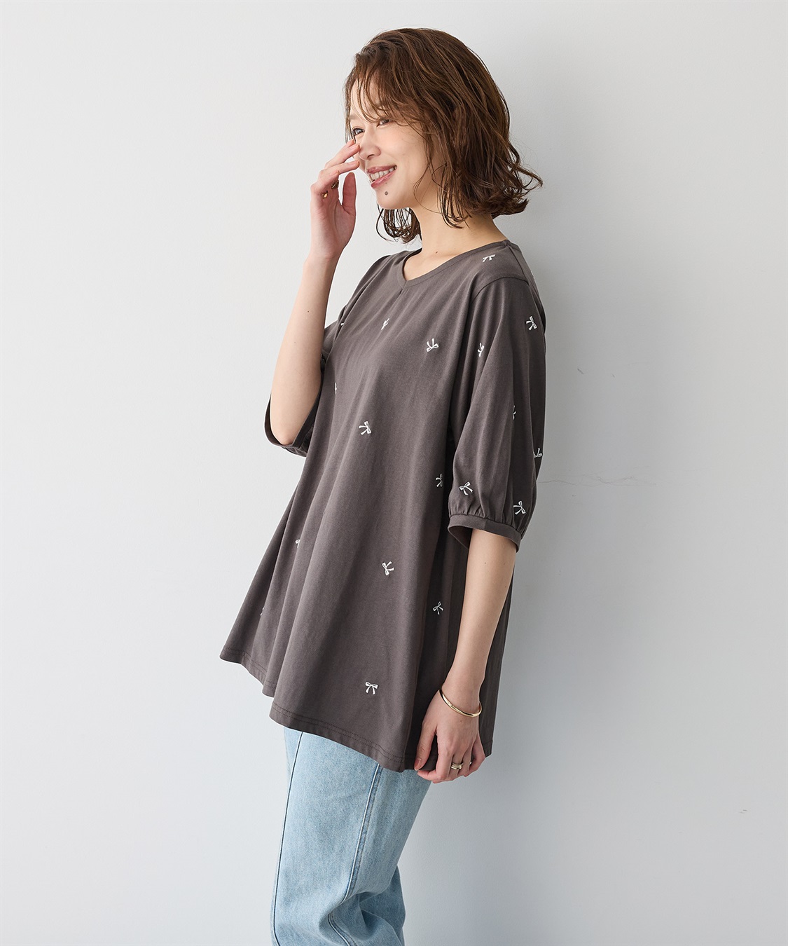 anyfee 【anyfee/プラスサイズ】リボン刺繍Tシャツ_sub_4