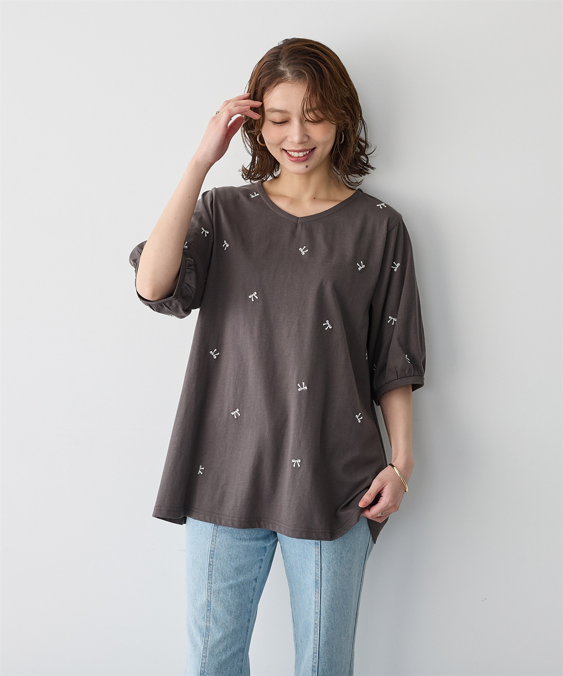 anyfee 【anyfee/プラスサイズ】リボン刺繍Tシャツ_sub_5