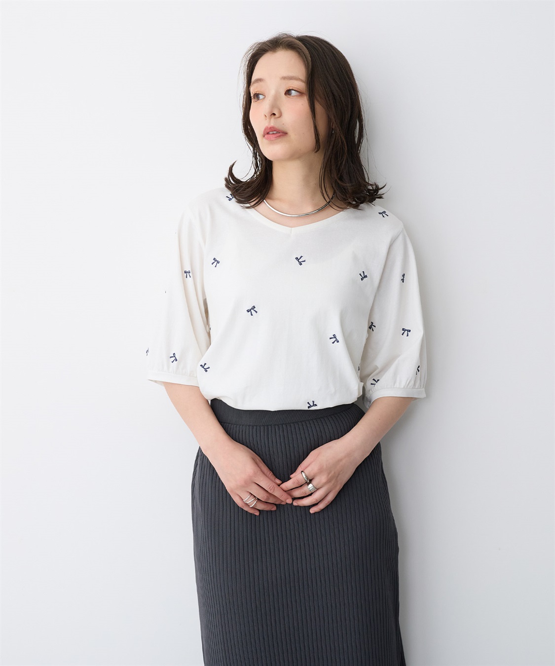 anyfee 【anyfee/プラスサイズ】リボン刺繍Tシャツ_sub_10
