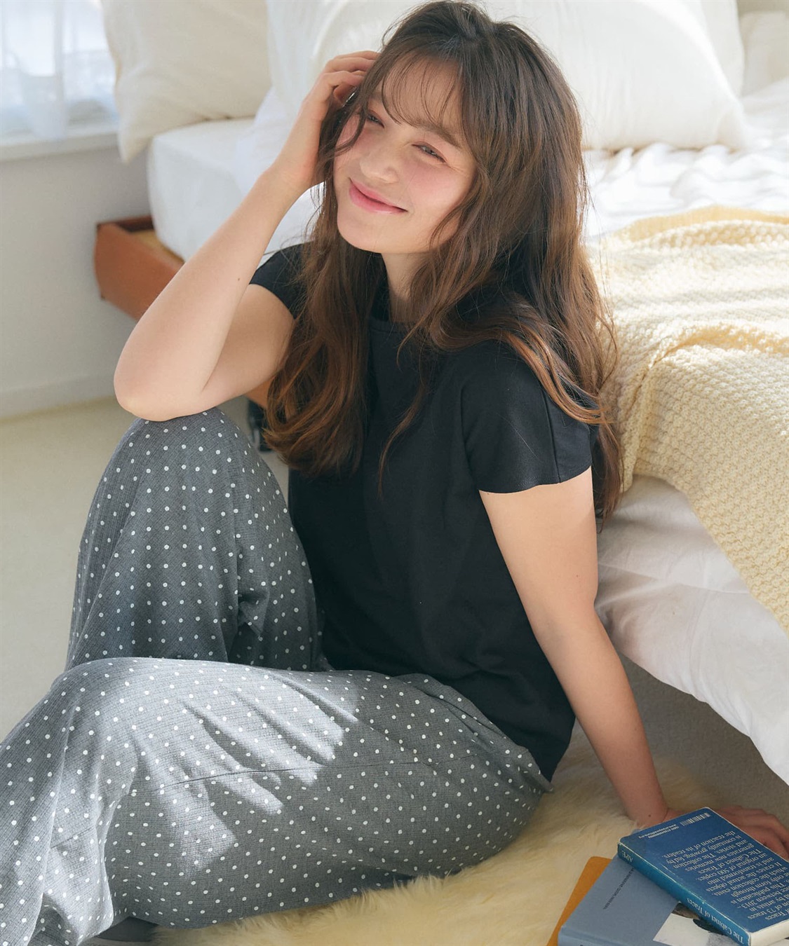 LAFUKU 【LAFUKU/ラフク】フレンチスリーブTシャツ&イージーロングパンツ上下SET/ルームウェア_sub_1