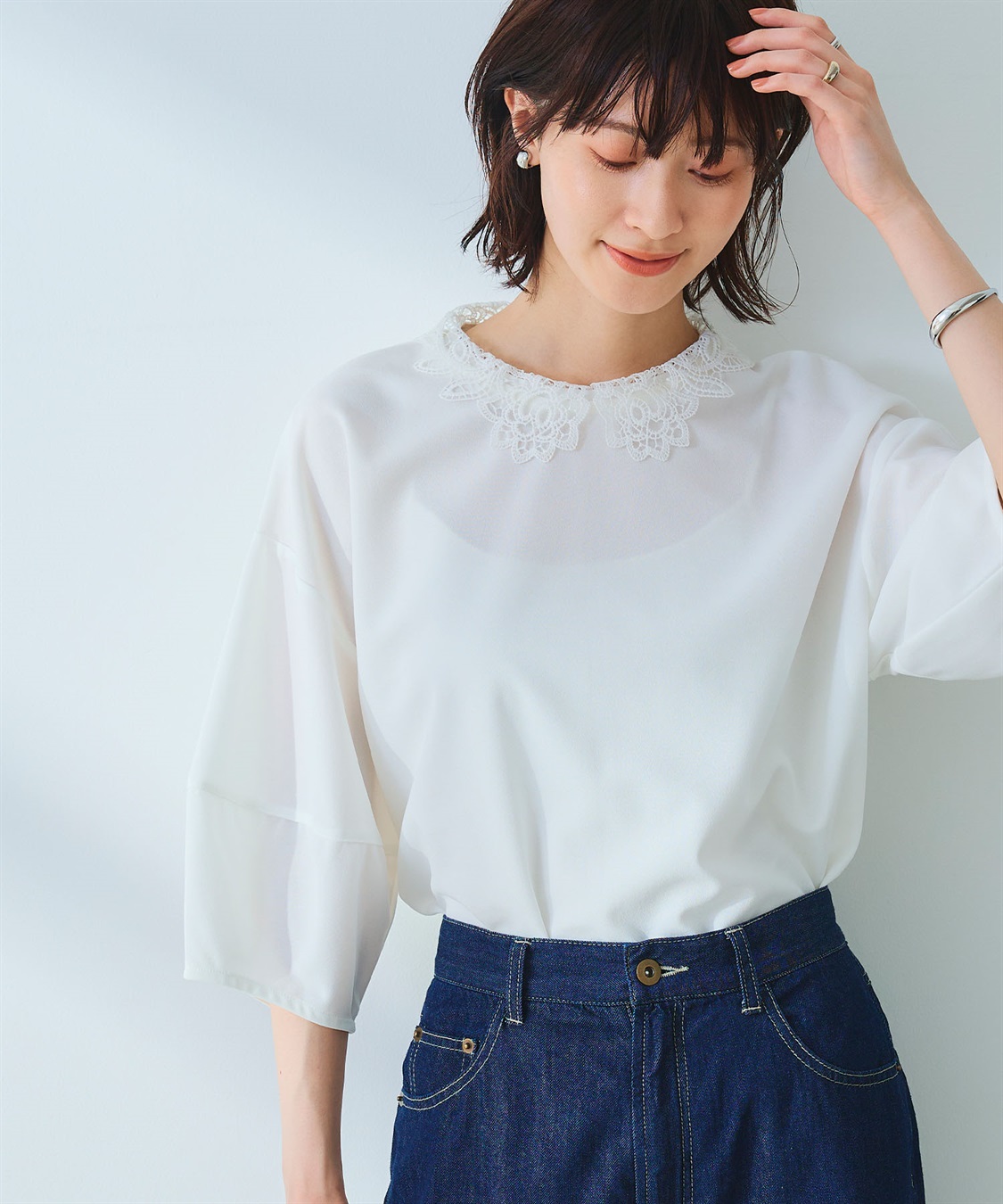CROSS FUNCTION 《ストレッチ》サマ美え レース衿ジョーゼットバルーンスリーブトップス_sub_1