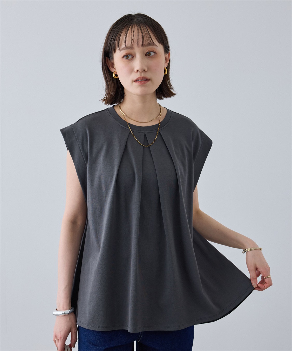 CROSS FUNCTION 《汗染み防止》エブ楽 天竺フロントタックノースリーブTシャツ_sub_1