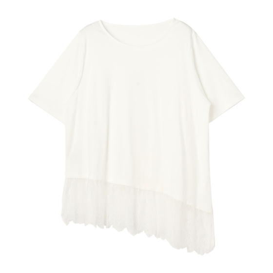 anyfee アシンメトリー裾レースTシャツ BLK