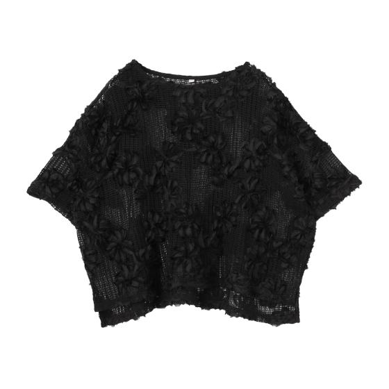 anyfee フラワーレースメッシュ半袖トップス BLK