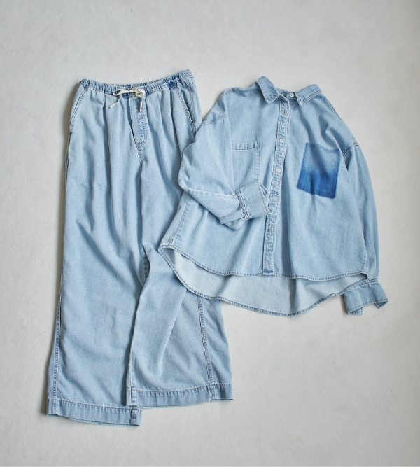 《撥水》FRESH DENIM ドロストデニムワイドパンツ＆ポケットデザインデニムシャツ