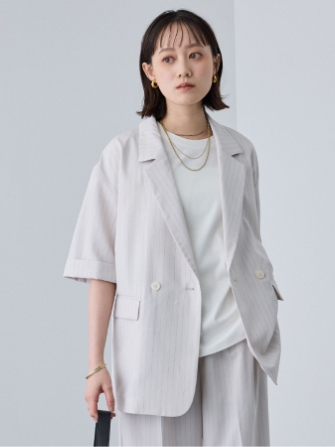 《防シワ》リネンライクストライプハーフスリーブジャケット