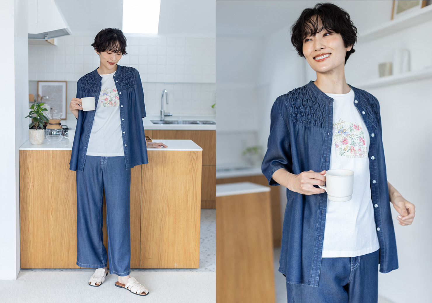 ブルーのテンセルデニムチュニックブラウス・ホワイトの【ひやさらコットン】フラワープリントTシャツ・ブルーのデニムストレートパンツを着用した女性