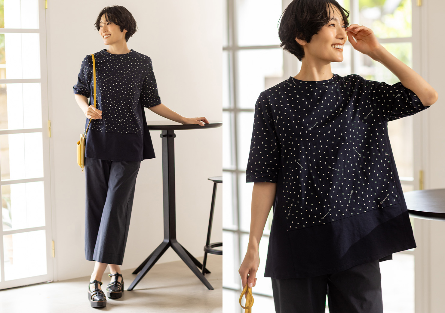 STYLE2 【ひやさらコットン】ドットプリント5分袖Tシャツ&ストレッチワイドパンツを着用した女性