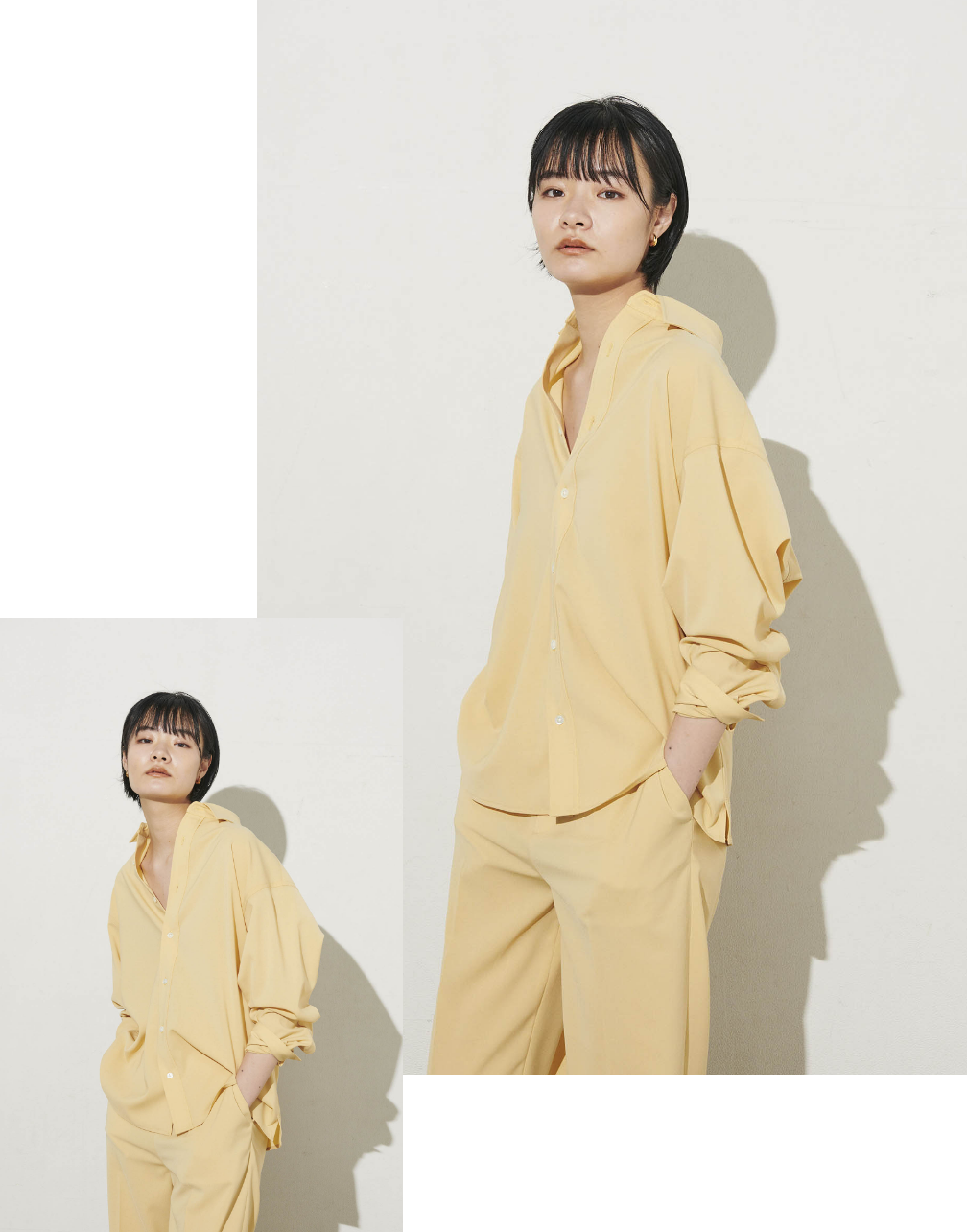 ドライストレッチシャツ、ドライストレッチテーパードパンツを着用している女性の写真
