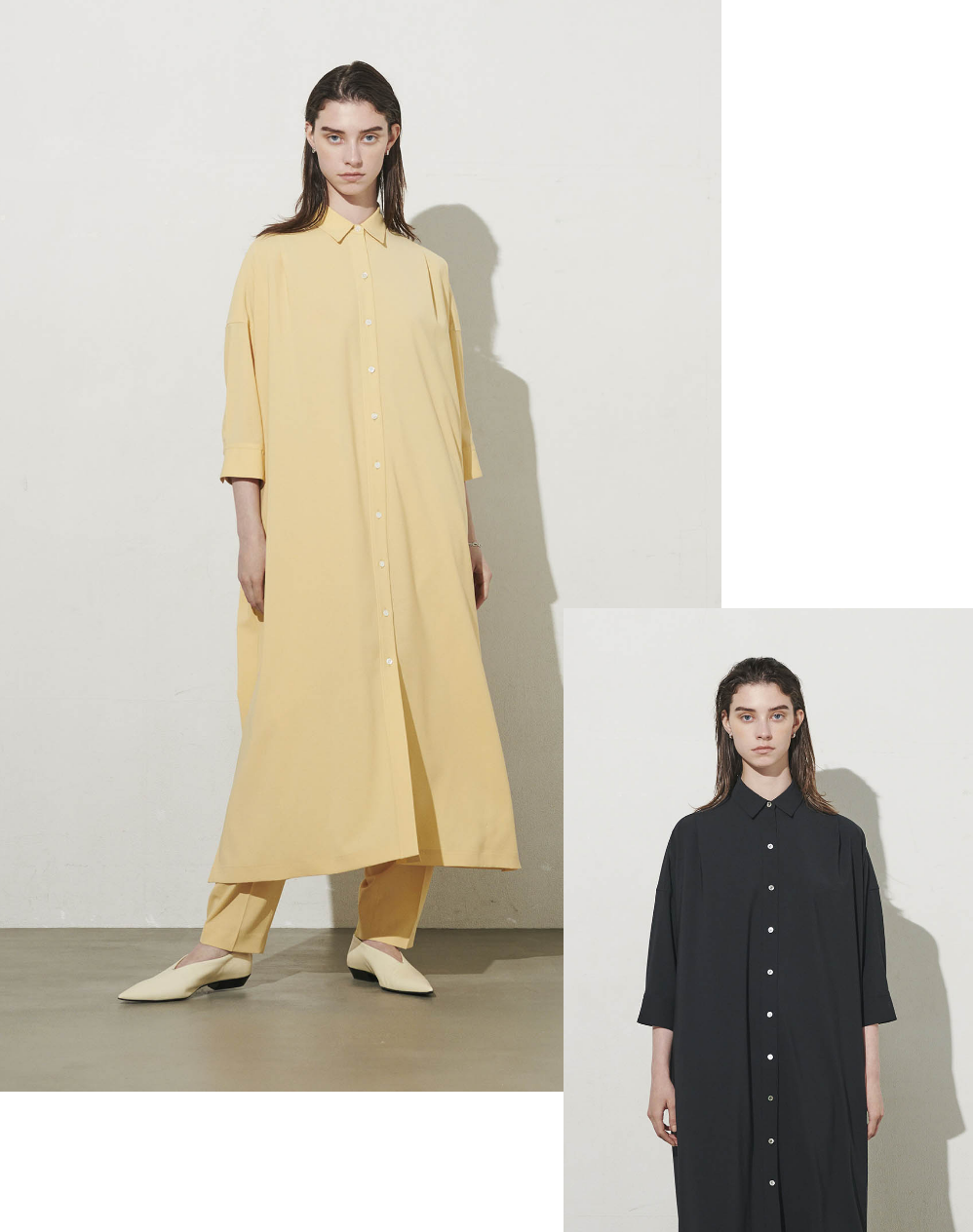 ドライストレッチシャツワンピース、ドライストレッチテーパードパンツを着用している女性の写真