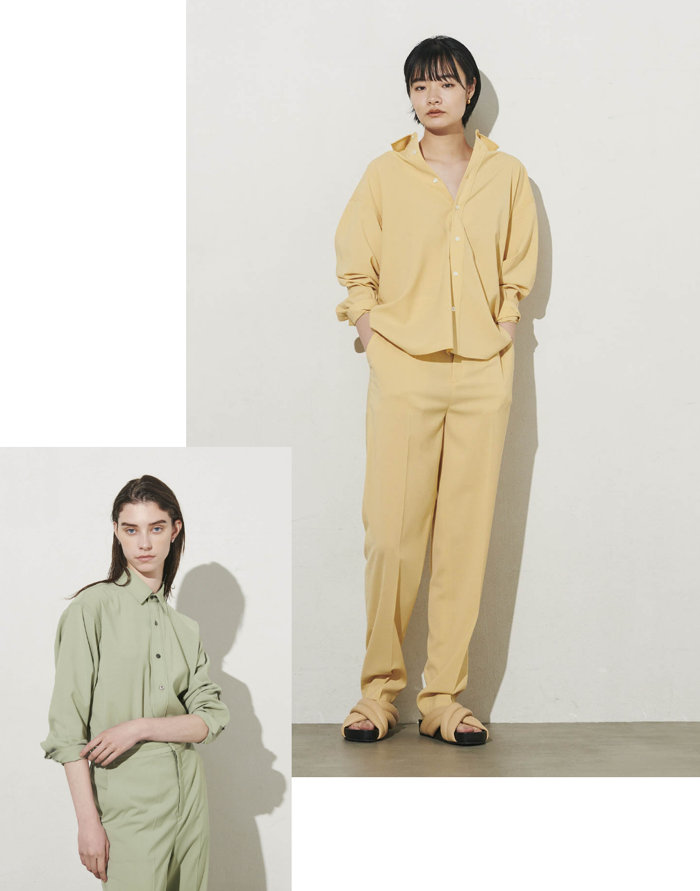 ドライストレッチシャツ、ドライストレッチテーパードパンツを着用している女性の写真
