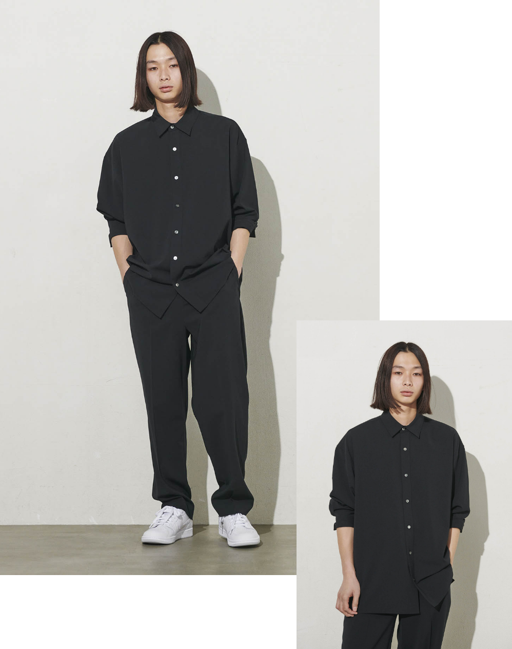 ドライストレッチシャツ、ドライストレッチテーパードパンツを着用している女性の写真