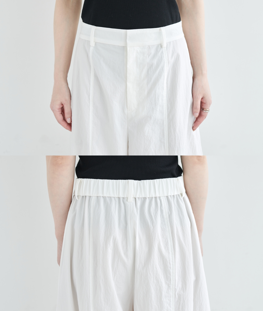 ナイロンタスランボリュームカーゴパンツ【AIRY MOTION】のウエストの部分の前と裏の画像