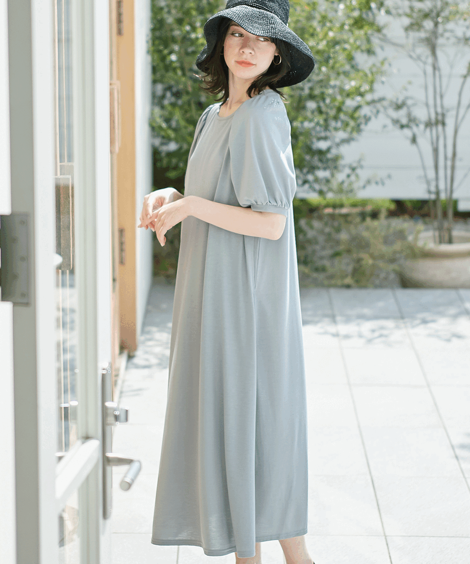 汗染み防止加工ボリュームスリーブフレアワンピース（マタニティ&授乳服）
